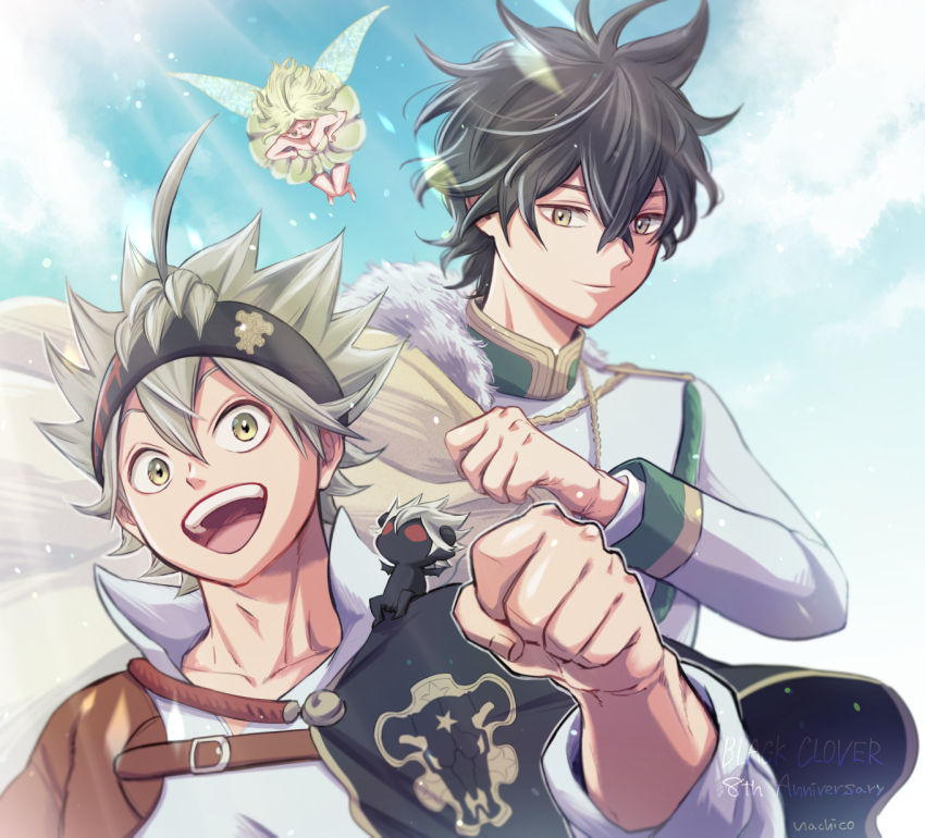 2boys, ahoge, asta_(black_clover), bell_(black_clover), black_bulls_(emblem), black_capelet, black_clover, black_hair, black_headband, capelet, closed_mouth, collared_shirt, fairy, fairy_wings, fur-trimmed_capelet, fur_trim, green_eyes, grey_hair, headband, highres, liebe_(black_clover), looking_at_viewer, male_focus, multiple_boys, nac_tw, open_mouth, shirt, short_hair, smile, spiked_hair, tassel, twitter_username, uniform, white_shirt, wings, yellow_capelet, yellow_eyes, yuno_(black_clover)