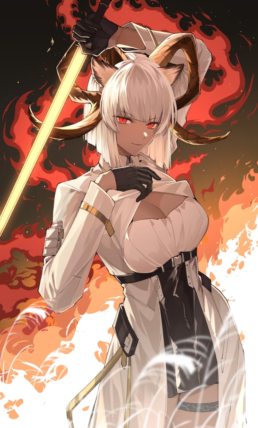 1girl, absurdres, animal_ears, arknights, arm_up, black_gloves, black_skirt, breasts, carnelian_(arknights), cleavage, cleavage_cutout, closed_mouth, clothing_cutout, coat, cowboy_shot, dark-skinned_female, dark_skin, fire, gloves, goat_ears, goat_girl, goat_horns, hand_up, highres, horns, infection_monitor_(arknights), kharu11, large_breasts, long_sleeves, looking_at_viewer, medium_hair, red_eyes, skirt, smile, solo, white_coat, white_hair