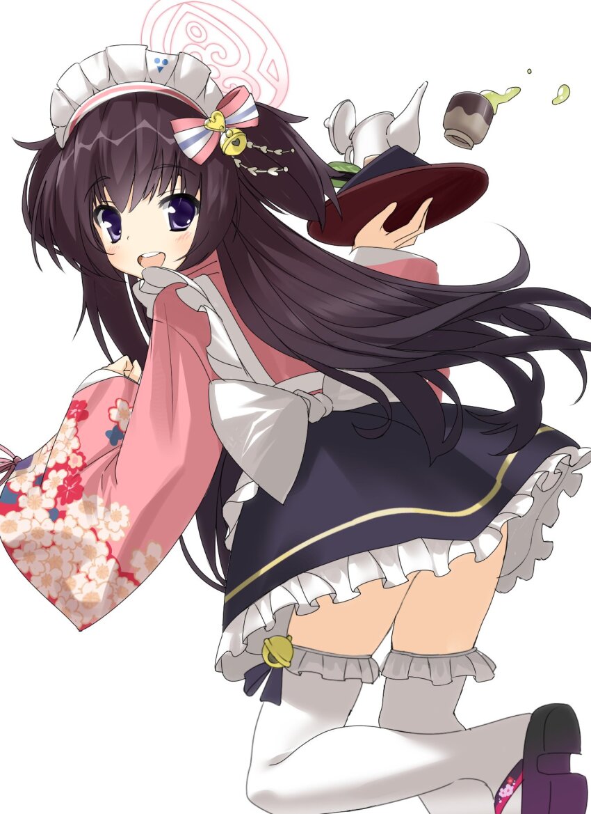 1girl, 2000s_(style), back_bow, blue_archive, blue_skirt, bow, brown_hair, cosgaso, cup, frilled_skirt, frilled_thighhighs, frills, from_behind, halo, highres, japanese_clothes, light_blush, long_hair, looking_at_viewer, maid, maid_headdress, open_mouth, purple_eyes, shizuko_(blue_archive), simple_background, skirt, smile, solo, teapot, thighhighs, tray, two_side_up, wa_maid, white_bow, white_thighhighs