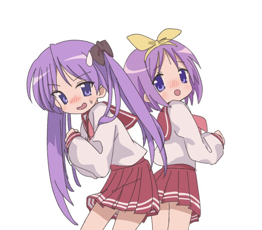 2girls, black_bow, blush, bow, bow_hairband, cosgaso, hair_bow, hairband, highres, hiiragi_kagami, hiiragi_tsukasa, long_hair, long_sleeves, looking_at_viewer, lucky_star, multiple_girls, open_mouth, pleated_skirt, purple_eyes, purple_hair, red_sailor_collar, red_skirt, sailor_collar, school_uniform, serafuku, short_hair, siblings, simple_background, sisters, skirt, smile, sweatdrop, twintails, white_background, white_serafuku, yellow_bow