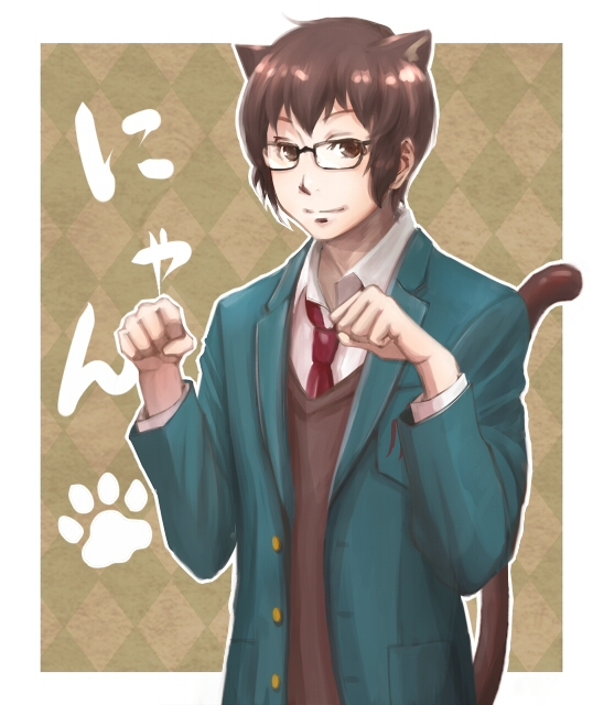 1boy, animal_ears, bespectacled, blouse, brown_eyes, brown_hair, cat_boy, cat_ears