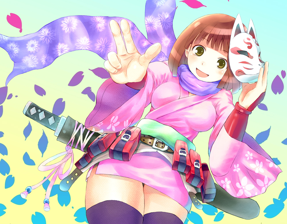 1girl, atlus, belt, breasts, brown_hair, etrian_odyssey, female_focus, fox_mask