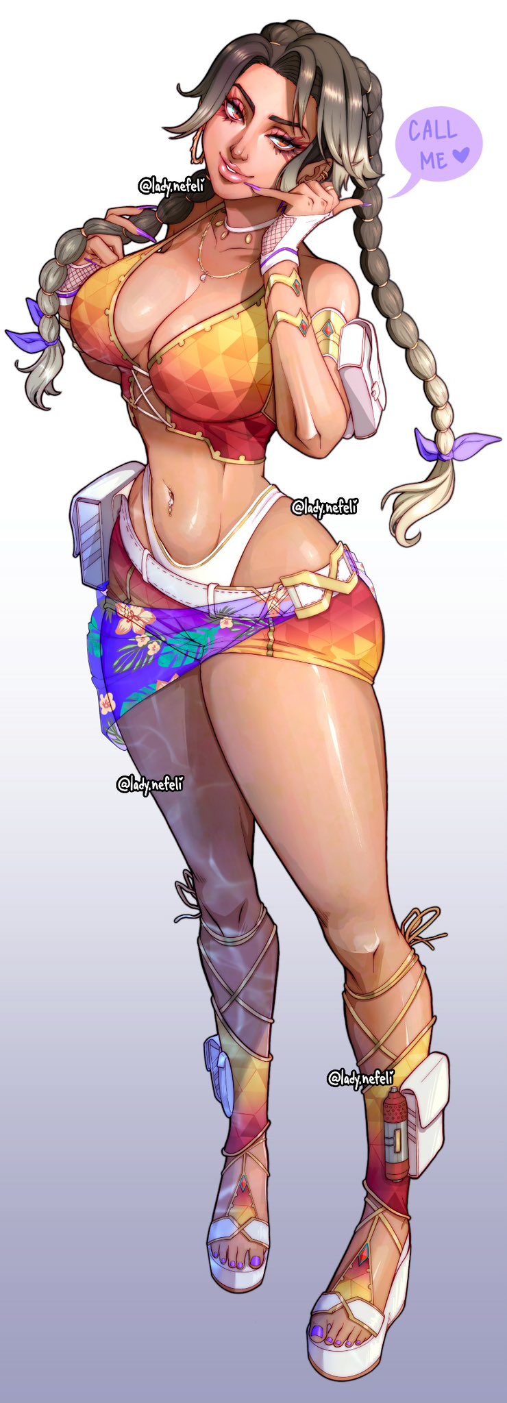 1girl, adapted_costume, apex_legends, arm_pouch, belt, bikini, breasts, brown_eyes, brown_hair, choker, cleavage, cleavage_cutout, clothing_cutout, collarbone, commentary, english_commentary, english_text, explosive, eyeshadow, fingerless_gloves, fingernails, full_body, gloves, gradient_background, gradient_bikini, grenade, grey_hair, hair_ribbon, head_tilt, highres, lady_nefeli, large_breasts, loba_(apex_legends), long_fingernails, long_hair, looking_at_viewer, makeup, multi-tied_hair, nail_polish, navel_piercing, parted_lips, piercing, platform_sandals, purple_nails, purple_ribbon, red_eyeshadow, ribbon, sandals, shaka_sign, shorts, smile, solo, swimsuit, tan, thermite_grenade, toenail_polish, toenails, trouble_in_paradise_loba, twintails, twitter_username, white_belt, white_bikini, white_choker, white_gloves