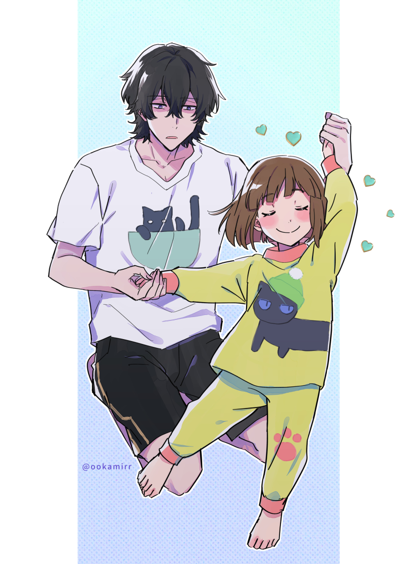1boy, 1girl, absurdres, barefoot, black_cat, black_hair, black_shorts, blush