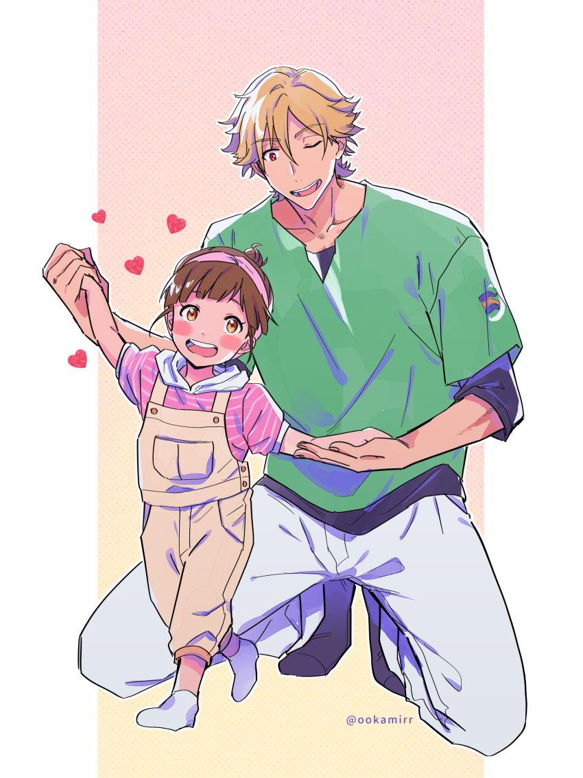1boy, 1girl, absurdres, black_socks, blonde_hair, blush, brown_hair, buddy_daddies