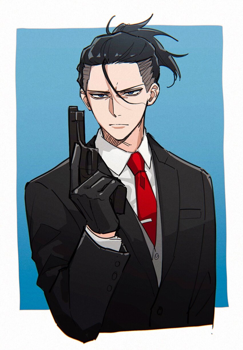 1boy, black_gloves, black_hair, black_jacket, black_suit, blue_background, blue_eyes, border