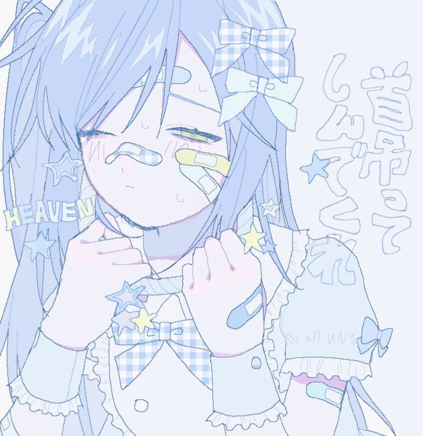1girl, bandaid, bandaid_on_face, bandaid_on_hand, blue_bow, blue_hair, bow, bowtie