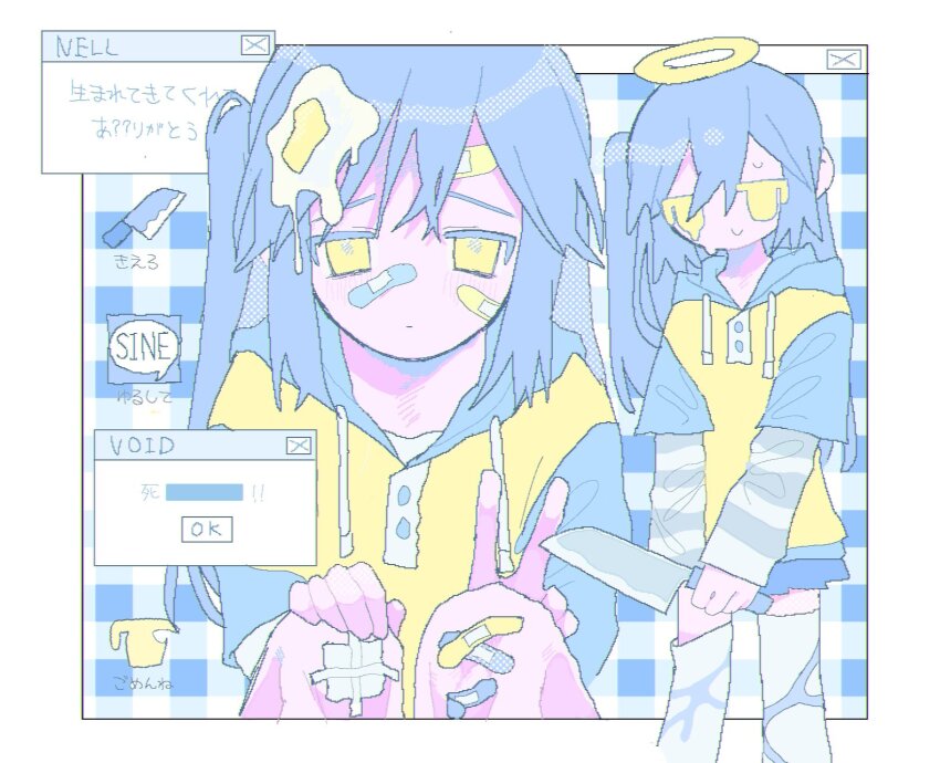 1girl, bandaid, bandaid_on_face, bandaid_on_knee, bandaid_on_leg, blue_hair, brand_name_imitation, character_name