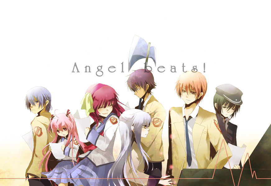 10s, 3girls, 4boys, angel_beats!, axe, bad_id, bad_pixiv_id, halberd