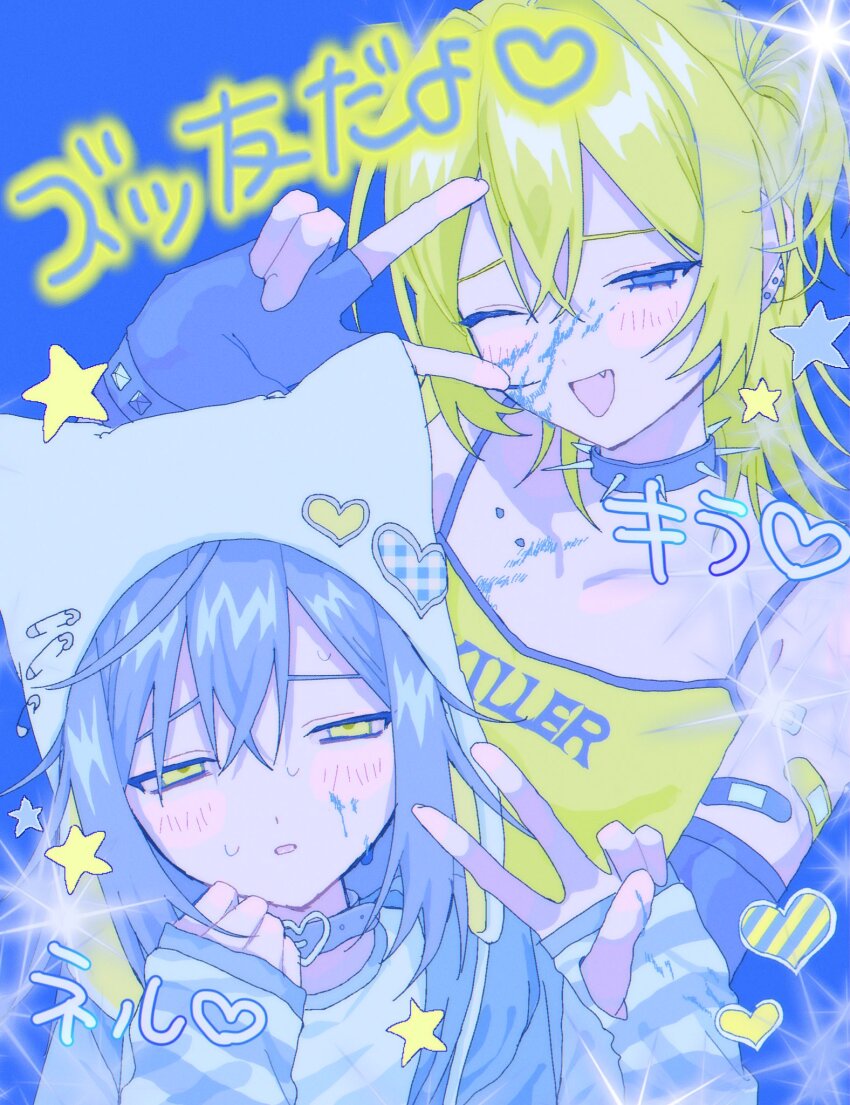 2girls, :d, animal_hat, bandaid, bandaid_on_arm, belt_collar, blonde_hair, blue_background