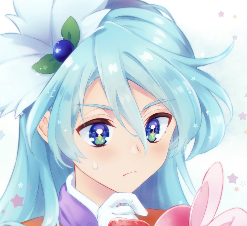 1boy, ascot, blue_eyes, blue_hair, cure_waffle, cure_whip, finger_to_own_chin, gloves