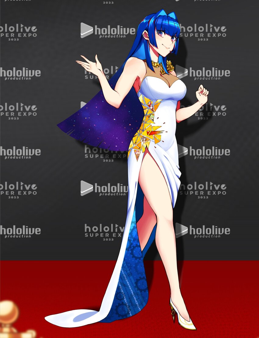 1girl, absurdres, blue_eyes, blue_hair, blunt_ends, commentary, copyright_name, dress