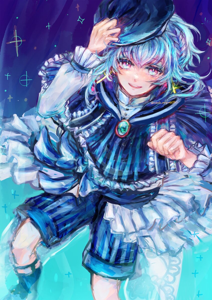 1boy, absurdres, akuma_shitsuji_to_kuroi_neko, androgynous, black_headwear, blue_background, blue_eyes, blue_hair