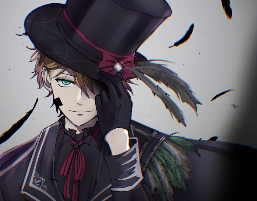 1boy, akuma_shitsuji_to_kuroi_neko, aqua_eyes, black_feathers, black_gloves, black_hat, black_jacket, black_shirt, blonde_hair, feathers, gloves, grey_background, hat, highres, jacket, long_sleeves, lono_fontaine, male_focus, mikage033, multicolored_hair, one_eye_covered, orange_hair, shirt, short_hair, solo, top_hat