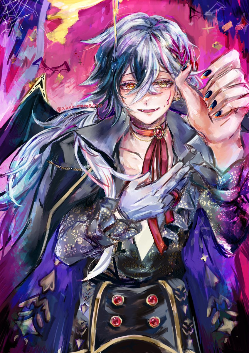 1boy, akuma_shitsuji_to_kuroi_neko, bat_wings, black_cape, black_hair, black_nails, blood, blood_on_face