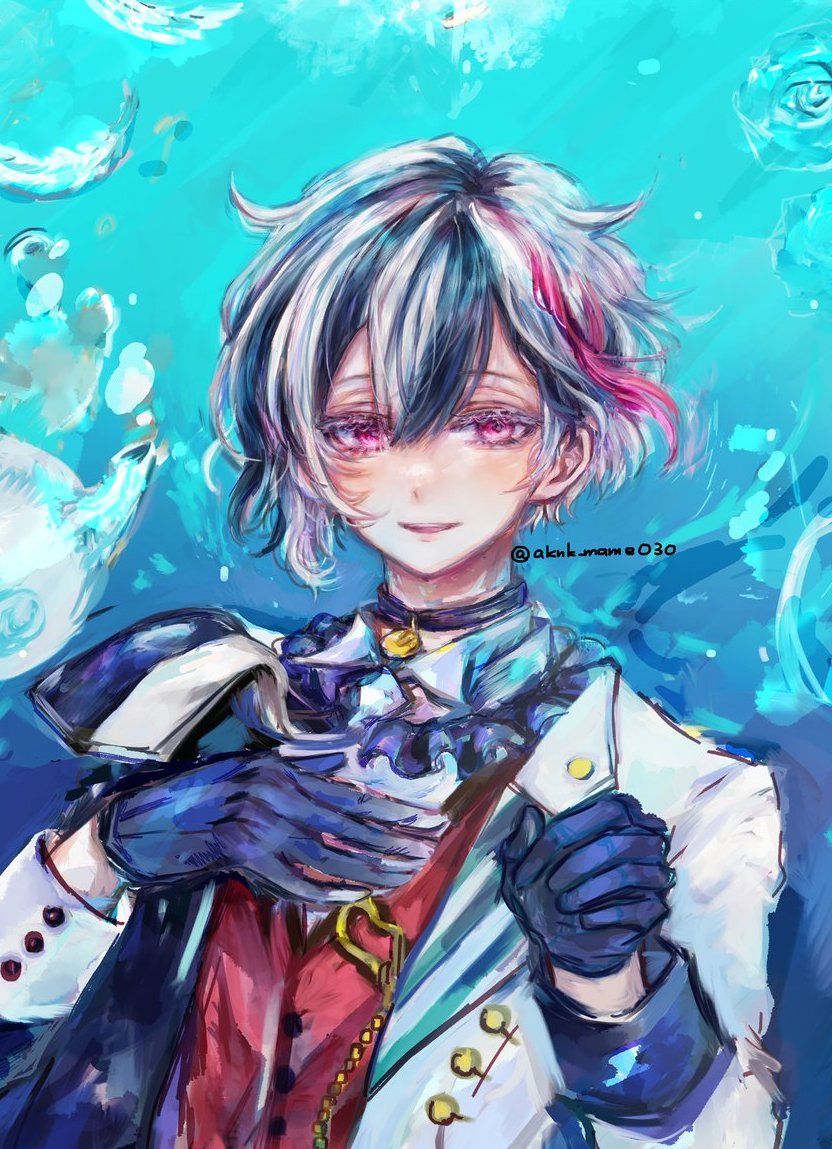 1boy, akuma_shitsuji_to_kuroi_neko, berrien_cliane, black_choker, black_gloves, black_hair, blue_background, choker