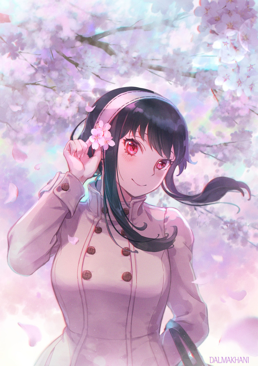 1girl, artist_name, black_hair, blunt_bangs, blush, breasts, buttons, cherry_blossoms, cherry_tree, closed_mouth, coat, dalmakhani3, day, falling_petals, floating_hair, hairband, hand_up, high_collar, highres, holding, large_breasts, long_hair, long_sleeves, looking_at_viewer, outdoors, petals, pink_coat, pink_hairband, red_eyes, sidelocks, smile, solo, spy_x_family, upper_body, yor_briar