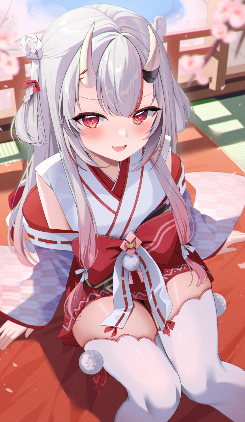 1girl, aamana0, absurdres, alternate_costume, blush, cherry_blossoms, day, detached_sleeves