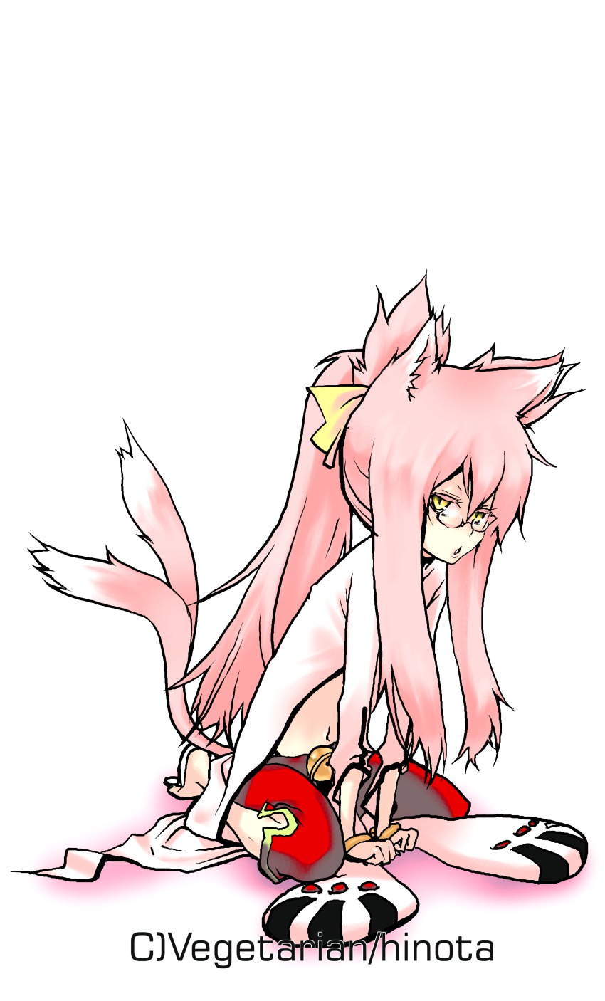 1girl, absurdres, animal_ears, arc_system_works, barefoot, bell, belt, blazblue, bracelet, cat_ears, cat_girl, cat_tail, feet, female_focus, full_body, glasses, gradient_background, highres, hinota, jewelry, kokonoe_(blazblue), long_hair, midriff, multiple_tails, pants, pink_hair, ponytail, ribbon, sitting, slit_pupils, solo, tail, white_background, yellow_eyes, yellow_ribbon