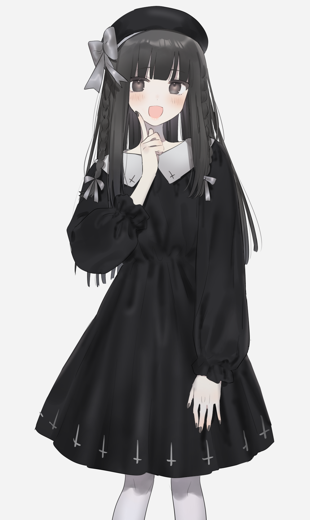 1girl, :d, beret, black_dress, black_eyes, black_hair, black_hat, black_nails, blush, bow, braid, dress, finger_to_cheek, grey_bow, grey_ribbon, hair_ribbon, hat, hat_bow, highres, kitanai_kimi_ga_ichiban_kawaii, long_hair, manio, open_mouth, pantyhose, ribbon, sezaki_airi, smile, solo, white_pantyhose