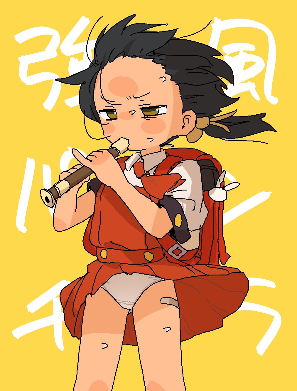 1girl, ascot, backpack, bag, bag_charm, bandaid, bandaid_on_leg, blush_stickers, charm_(object), collared_shirt, dovepopon, dress, feet_out_of_frame, female_focus, floating_hair, forehead, furrowed_brow, hair_bobbles, hair_ornament, highres, holding, holding_instrument, instrument, kaai_yuki, kyoufuu_all_back_(vocaloid), loli, looking_ahead, low_twintails, music, panties, pantyshot, parody, pinafore_dress, pinky_out, playing_instrument, puffy_short_sleeves, puffy_sleeves, randoseru, red_ascot, red_bag, red_dress, shirt, short_dress, short_sleeves, sleeveless, sleeveless_dress, solo, standing, sweat, title_parody, translation_request, twintails, underwear, vocaloid, white_panties, white_shirt, wind, wind_lift, yellow_background, yellow_eyes