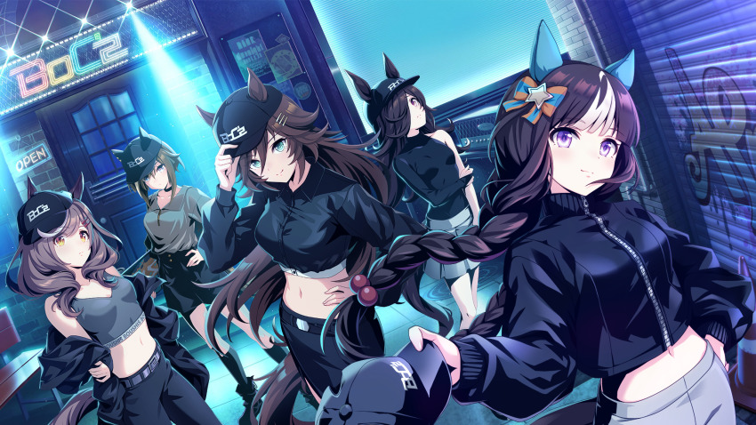 5girls, animal_ears, april_fools, black_hair, blunt_bangs, braid, breasts, brown_hair