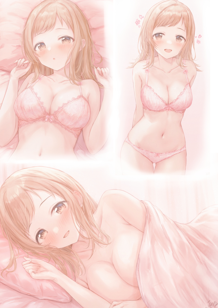1girl, :o, armpits, arms_behind_back, bed_sheet, blanket, blush, bra