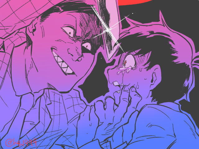 2boys, at_knifepoint, child, crazy_eyes, crying, crying_with_eyes_open, evil_grin, evil_smile