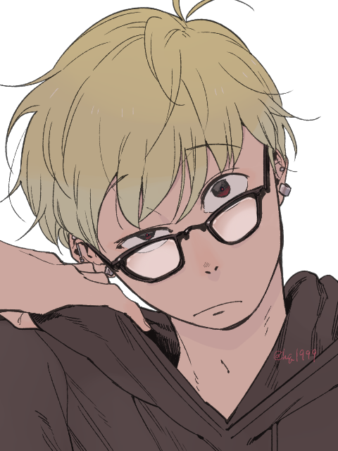 :/, alternate_hair_color, barbell_piercing, bespectacled, black_hoodie, blonde_hair, ear_piercing, glasses