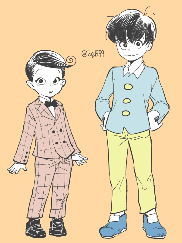 2boys, ahoge, black_bow, black_bowtie, black_footwear, black_hair, blue_footwear, blue_shirt, bow, bowl_cut, bowtie, buttoned_cuffs, buttons, child, collared_shirt, dra_(osomatsu-kun), fang, formal_clothes, hands_on_own_hips, height_difference, looking_at_viewer, male_focus, matsuno_osomatsu, multiple_boys, orange_background, osomatsu-kun, osomatsu_(series), shirt, smile, suit, tamago_toji, twitter_username, vampire