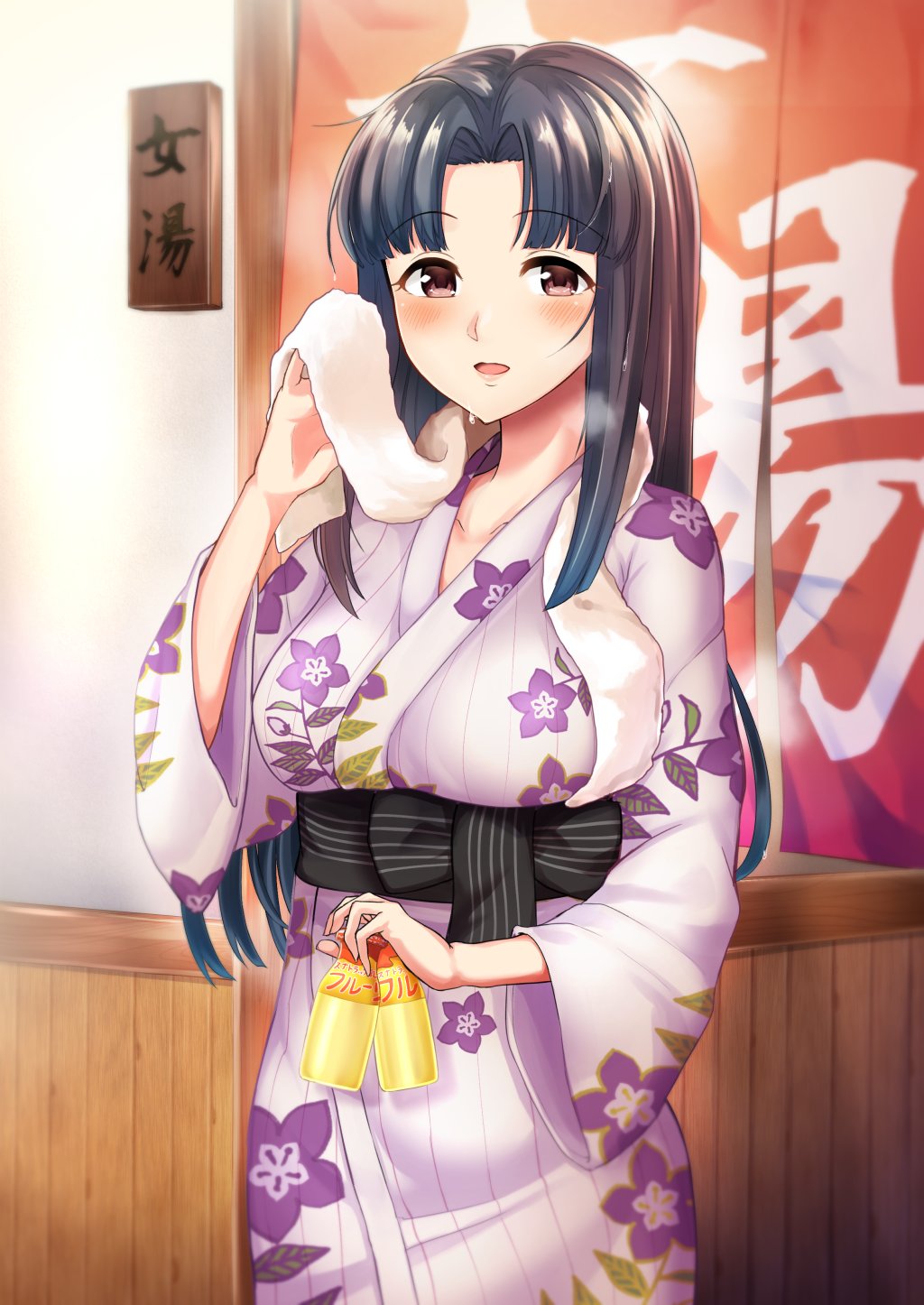 1girl, bath_yukata, bathhouse, black_hair, blush, bottle, breasts, brown_eyes
