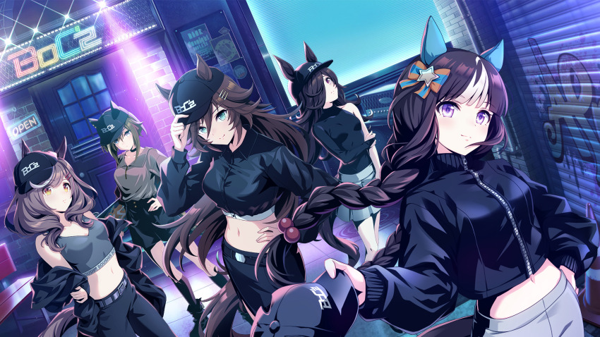 5girls, animal_ears, april_fools, black_hair, blunt_bangs, braid, breasts, brown_hair