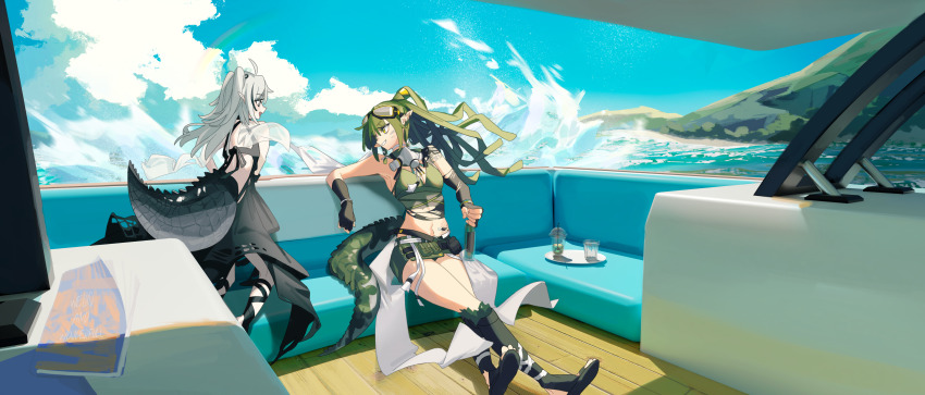 2girls, absurdres, ahoge, arknights, bare_shoulders, belt, belt_pouch, black_dress