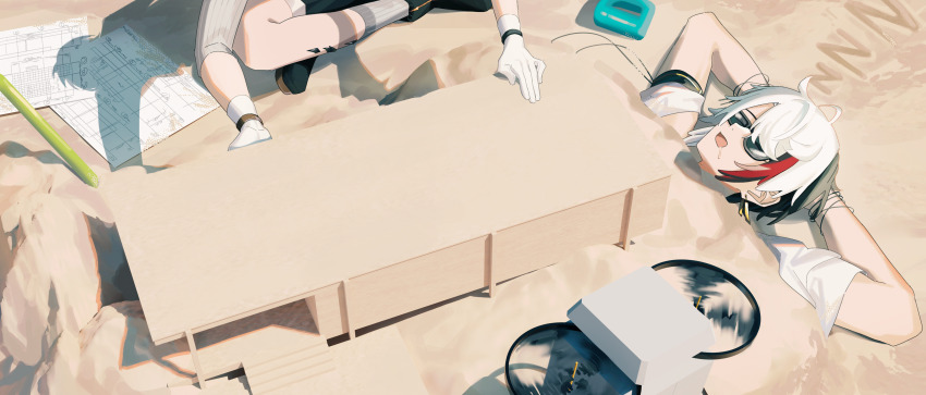 2boys, absurdres, arknights, blueprint_(object), building_sand_sculpture, day, drone, elysium_(arknights)