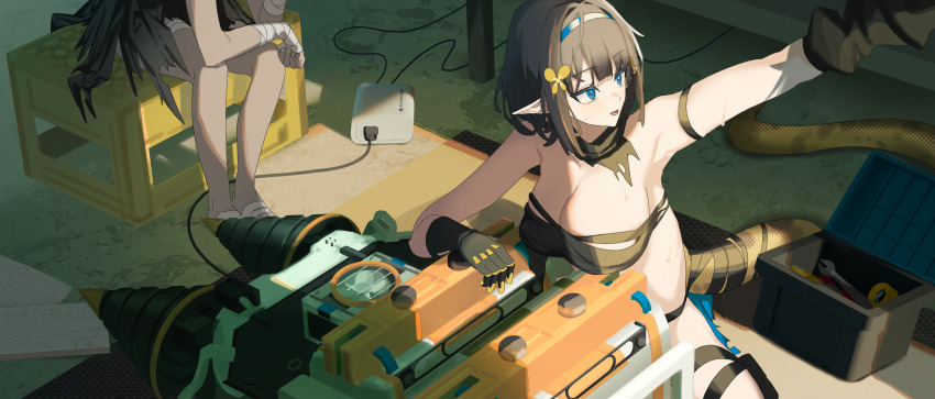 2girls, :d, absurdres, arknights, arm_up, armpits, bandaged_hand, bandages