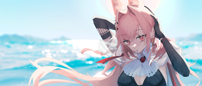 1girl, absurdres, arknights, backlighting, bikini, black_bikini, breasts, cleavage