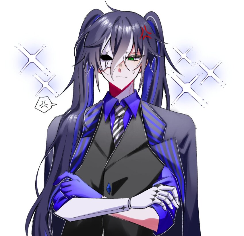 1boy, akuma_shitsuji_to_kuroi_neko, alternate_hairstyle, anger_vein, az_akio, black_hair, black_jacket, black_necktie, black_vest, blue_gloves, blue_hair, blue_shirt, boschi_arenas, collared_shirt, colored_inner_hair, crossed_arms, diagonal-striped_clothes, diagonal-striped_necktie, gloves, half_mask, highres, jacket, long_hair, male_focus, mask, multicolored_hair, necktie, one_eye_covered, prosthesis, prosthetic_arm, shirt, solo, striped_clothes, twintails, vest, white_background, white_hair, white_necktie