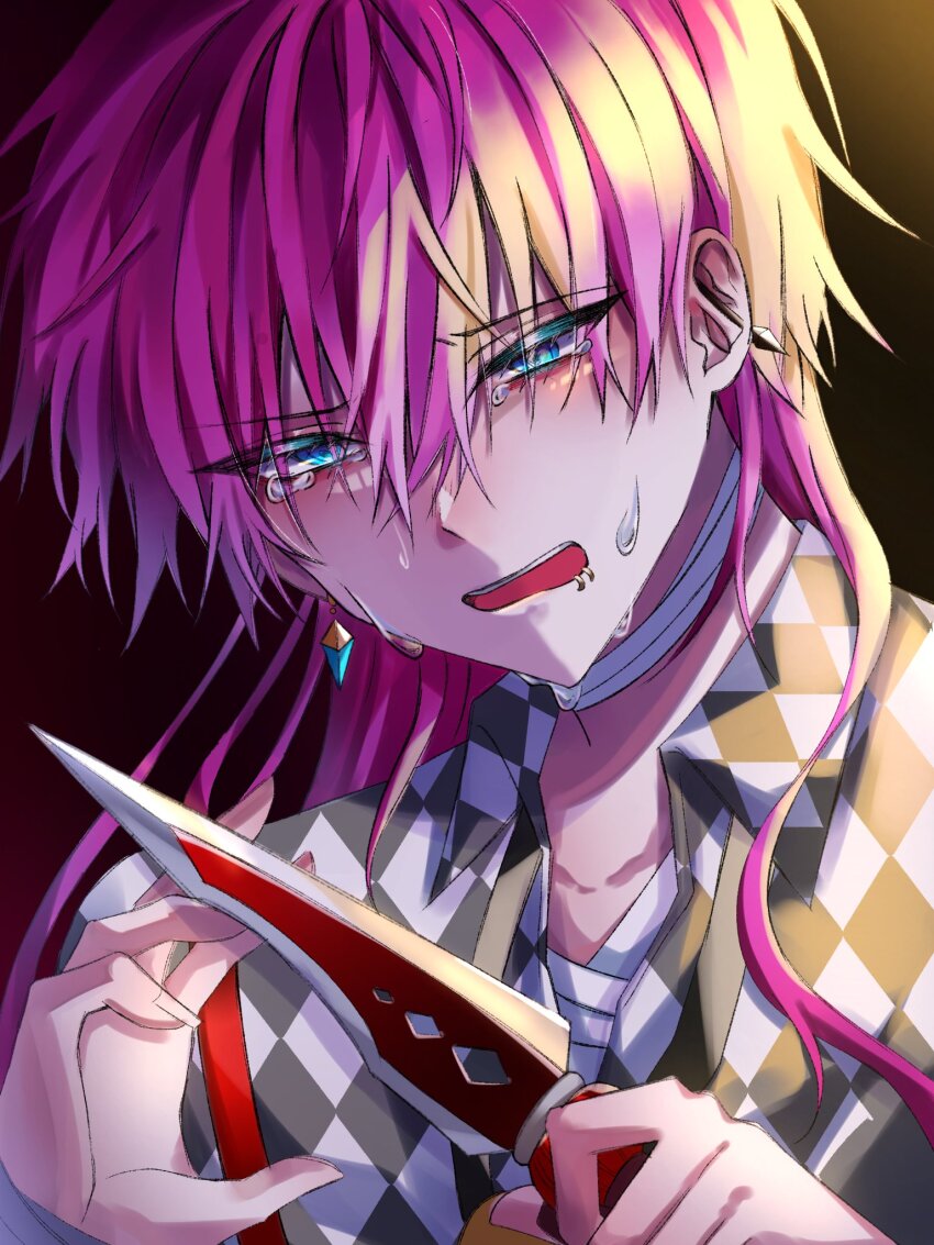 1boy, akuma_shitsuji_to_kuroi_neko, az_akio, bandaged_arm, bandaged_chest, bandaged_neck, bandages, blue_eyes, blush, crying, crying_with_eyes_open, ear_piercing, face_piercing, frown, hair_down, highres, holding, holding_knife, knife, lato_bacca, lip_piercing, long_hair, looking_down, male_focus, open_mouth, piercing, pink_hair, solo, tears