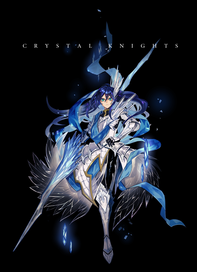 1boy, aqua_eyes, armor, armored_boots, black_background, black_gloves, black_jacket, black_pants, blue_hair, blue_sash, boots, closed_mouth, couter, crystal, english_text, faulds, full_body, gloves, hair_between_eyes, holding, holding_polearm, holding_weapon, jacket, knight, lance, long_hair, looking_at_viewer, male_focus, original, pants, polearm, sash, see-through_clothes, sennohajime, serious, shards, shoulder_spikes, simple_background, solo, spikes, standing, vambraces, waist_cape, weapon, winged_hair_ornament