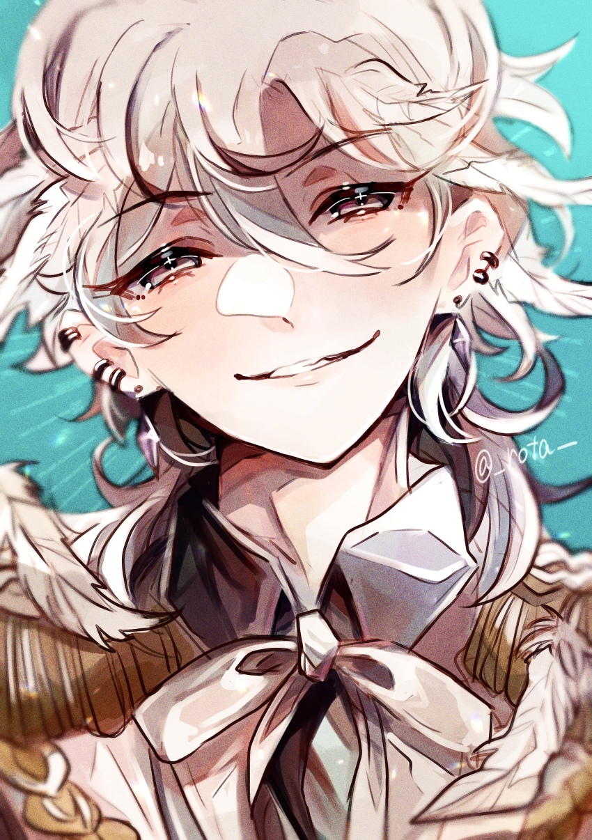 1boy, absurdres, akuma_shitsuji_to_kuroi_neko, angel, brown_hair, ear_piercing, earrings, epaulettes