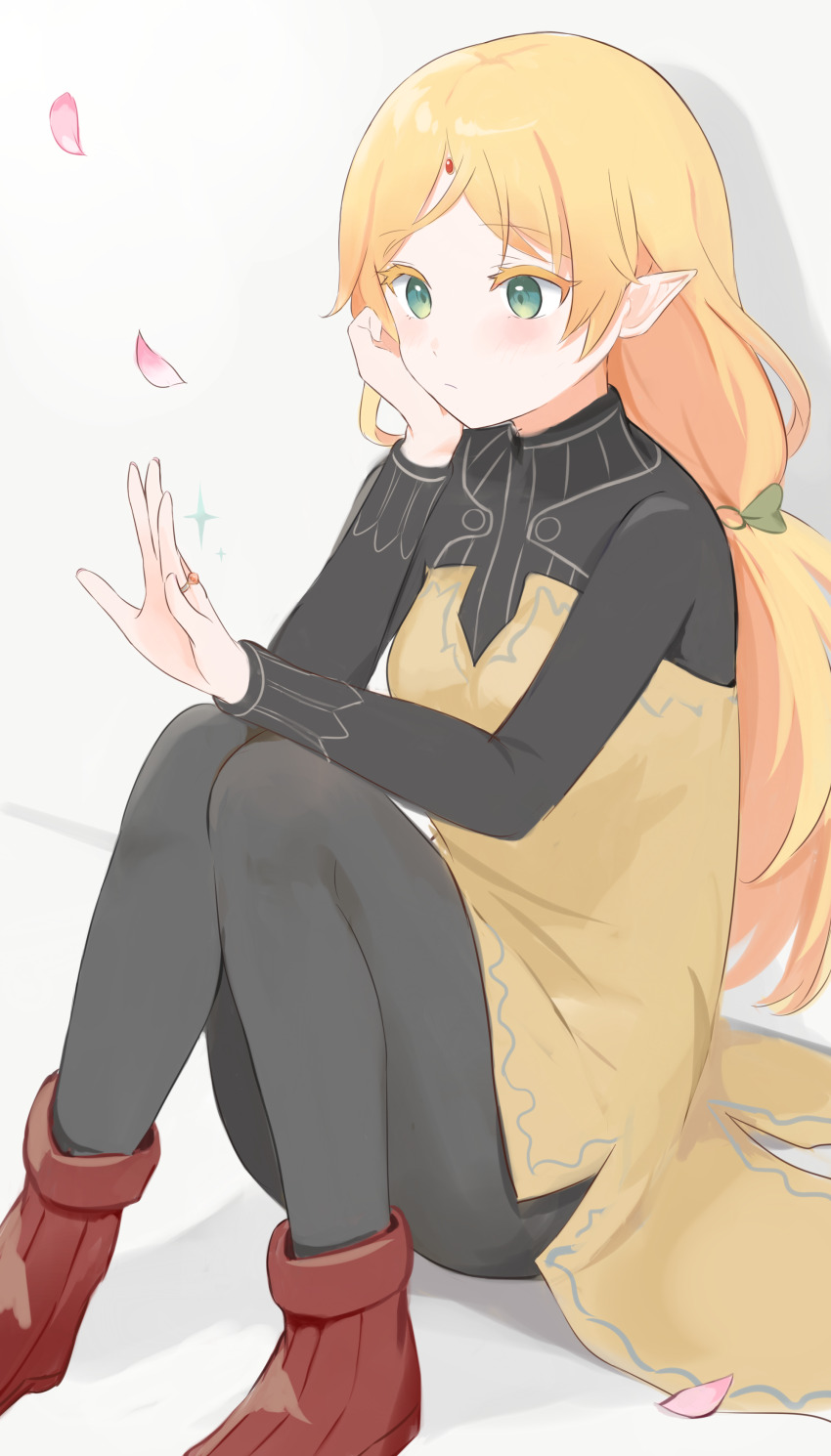 1girl, absurdres, black_dress, black_pantyhose, blonde_hair, breasts, colored_eyelashes, dress