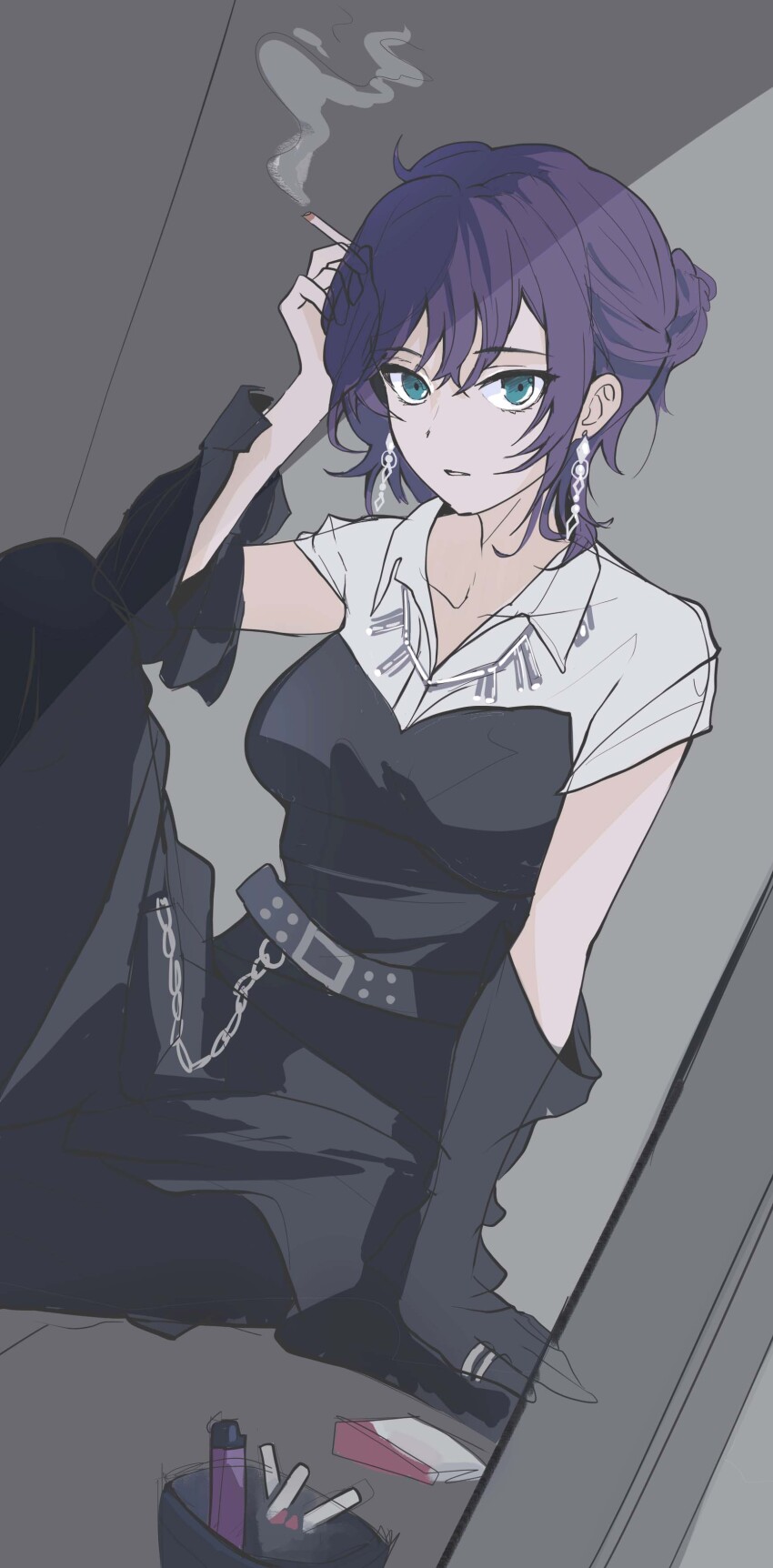 1girl, absurdres, belt, chain, cigarette, collared_shirt, earrings, hair_bun, highres, irgendwann, jewelry, lighter, looking_at_viewer, original, purple_hair, shirt, sketch, smoking, solo