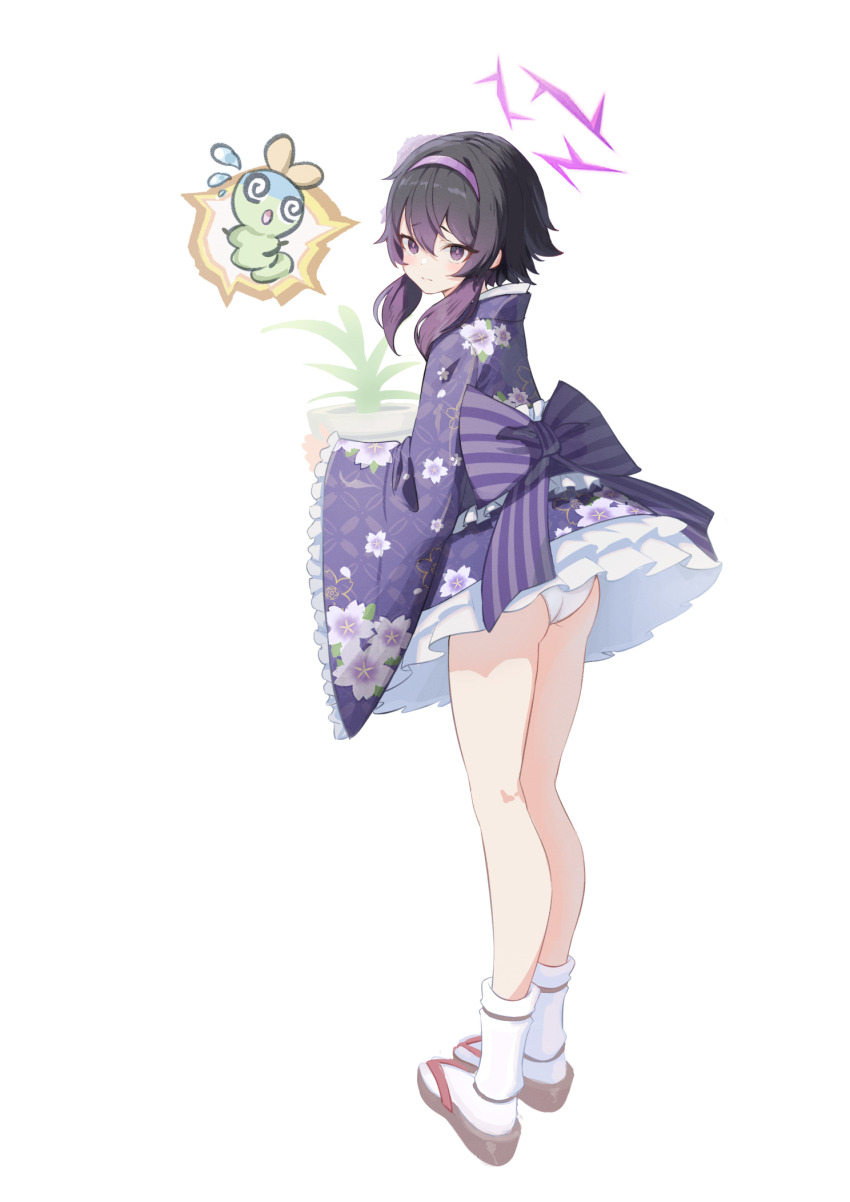 1girl, ass, back_bow, black_hair, blue_archive, bow, brown_sandals, commentary_request, floral_print, flower_pot, flying_sweatdrops, frilled_kimono, frills, from_behind, hair_between_eyes, halo, haruka_(blue_archive), highres, holding, japanese_clothes, kimono, long_hair, long_sleeves, looking_at_viewer, looking_back, panties, plant, potted_plant, print_kimono, purple_bow, purple_eyes, purple_kimono, sandals, sidelocks, simple_background, socks, solo, striped_bow, toki_(yoyobozi), underwear, white_background, white_panties, white_socks, wide_sleeves, zouri