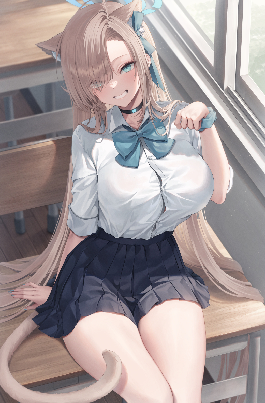 1girl, animal_ear_fluff, animal_ears, asuna_(blue_archive), black_skirt, blue_archive, blue_bow, blush