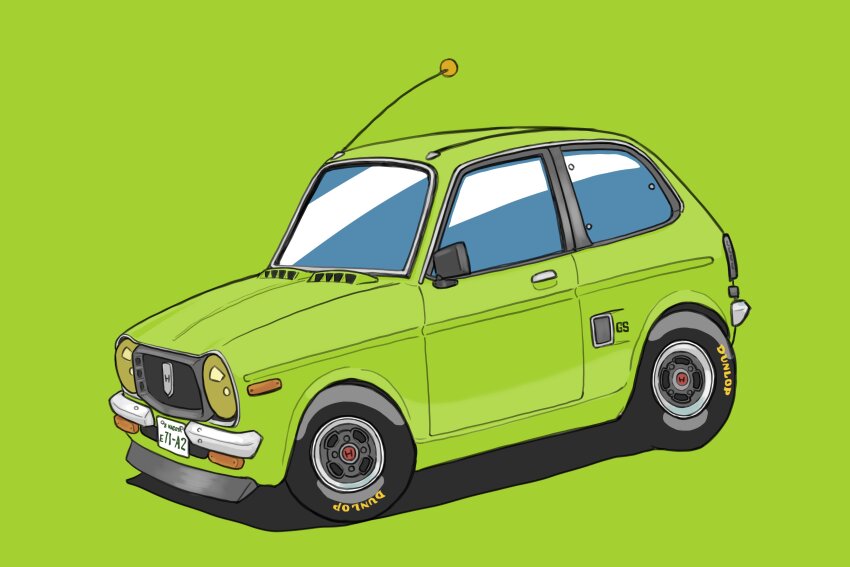 absurdres, car, dunlop, from_side, green_background, green_theme, highres, honda