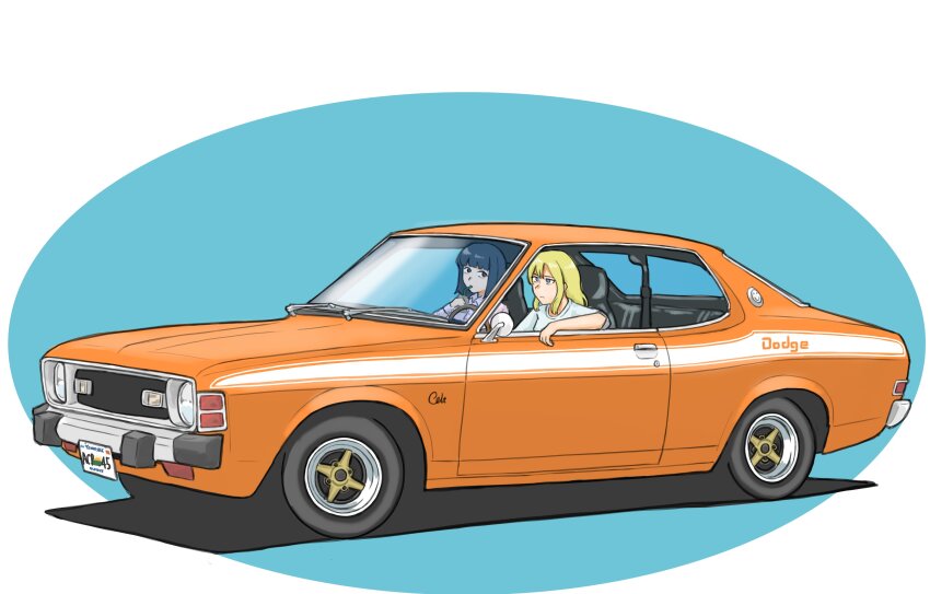 2girls, absurdres, blonde_hair, blue_eyes, blue_hair, car, collared_shirt, cup