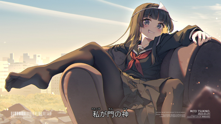1girl, :d, armchair, artist_name, black_pantyhose, black_serafuku, black_shirt, black_skirt