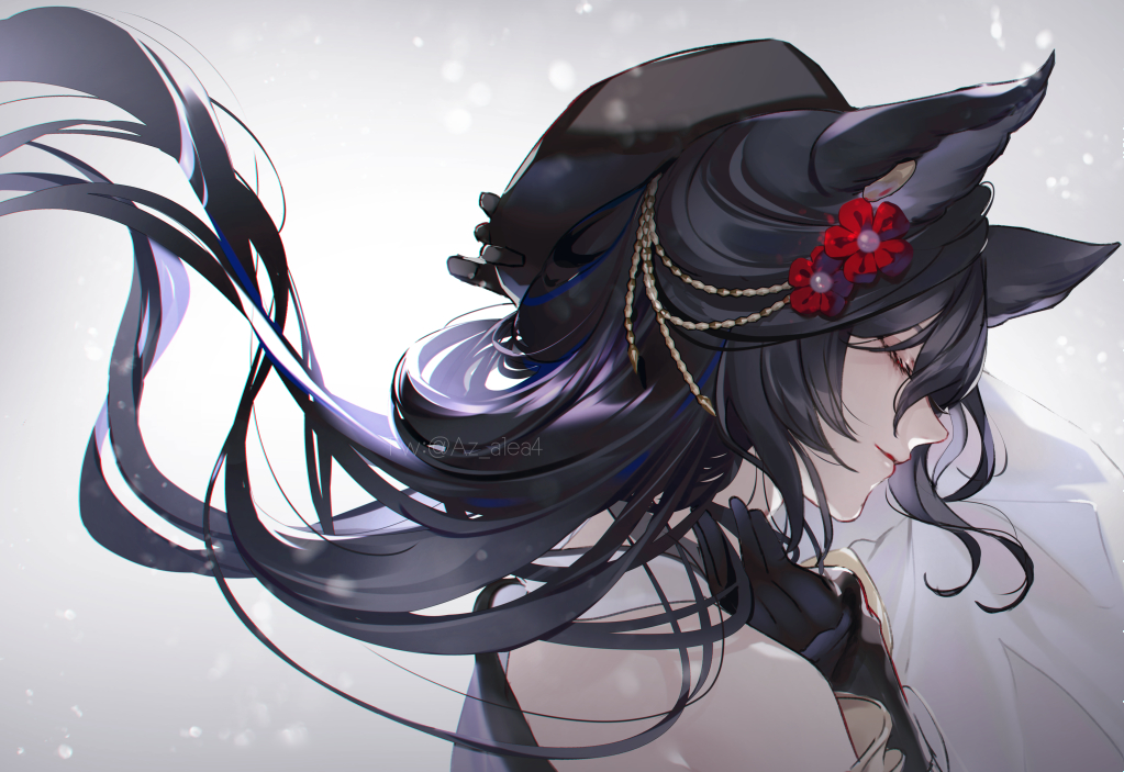 1girl, adjusting_clothes, adjusting_headwear, animal_ears, bare_shoulders, black_gloves, black_hair, closed_eyes