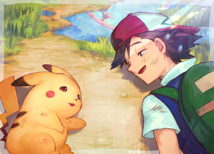 1boy, ash_ketchum, backpack, bag, baseball_cap, black_eyes, black_hair, exhausted
