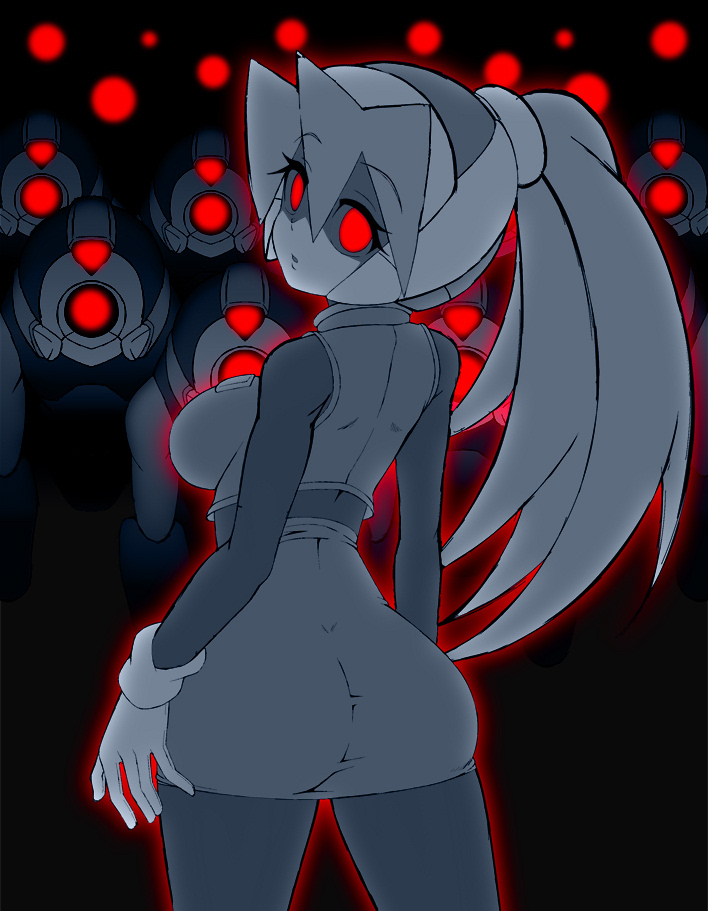 1girl, ass, breasts, capcom, ciel_(mega_man), corruption, from_behind, glowing